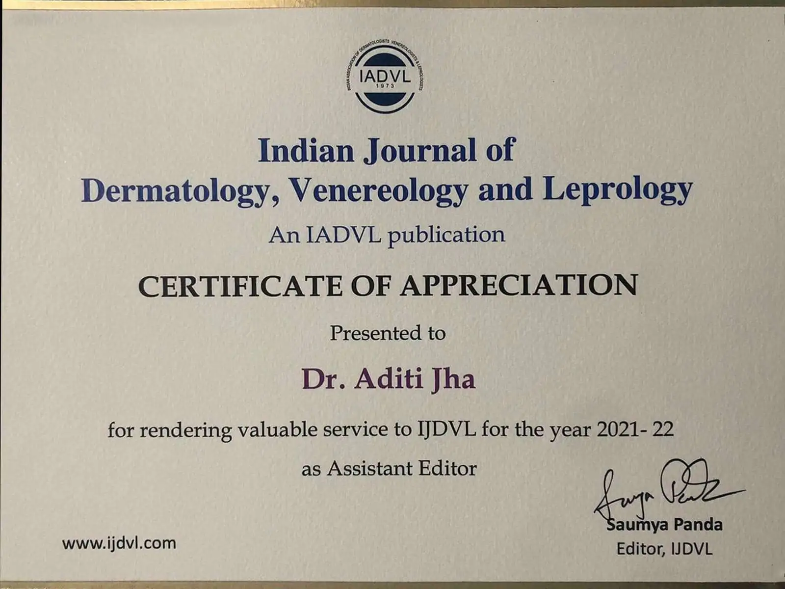 Certificate of Appreciation - Dr. Aditi Jha