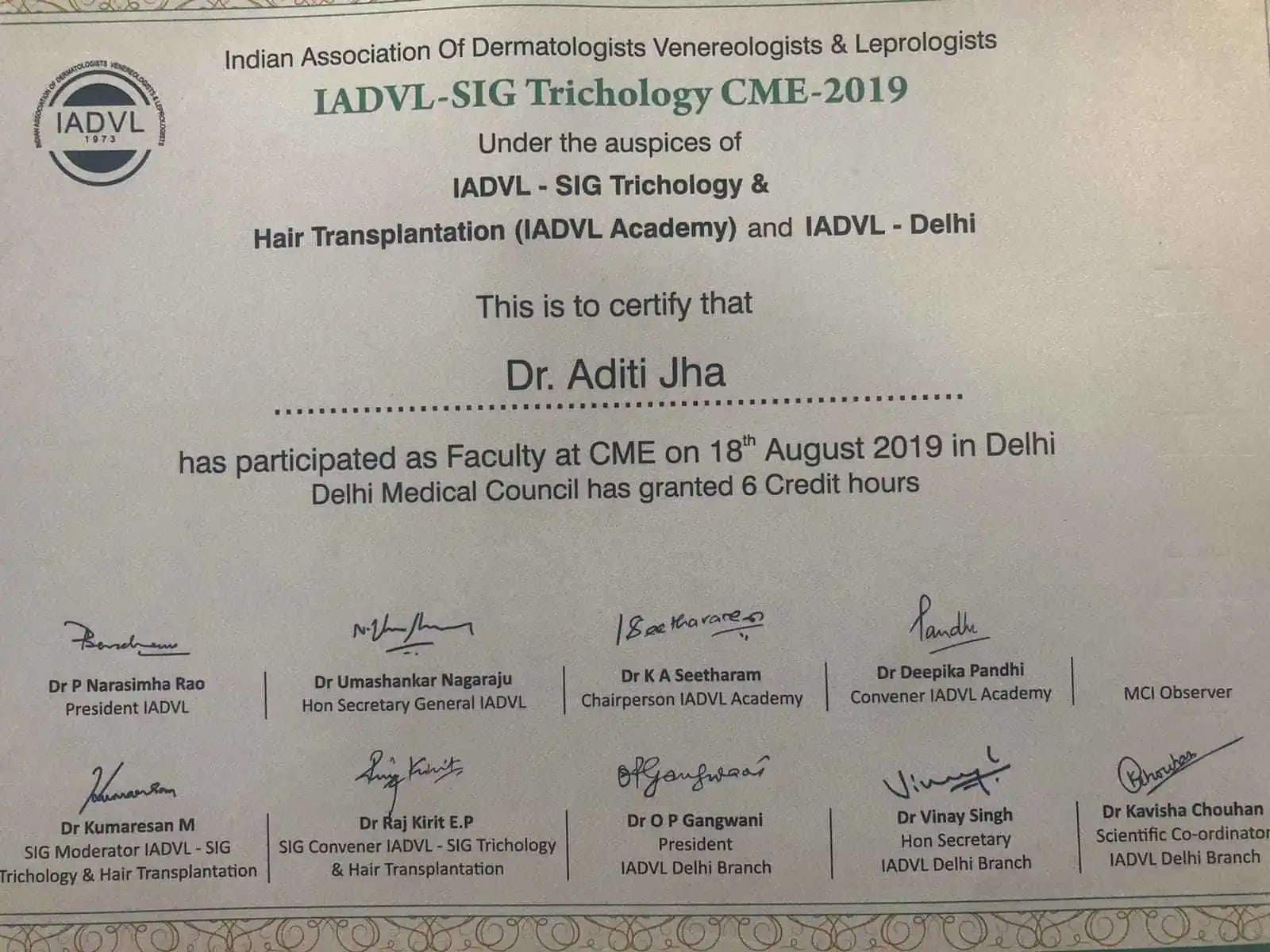 Certificate of Appreciation - Dr. Aditi Jha